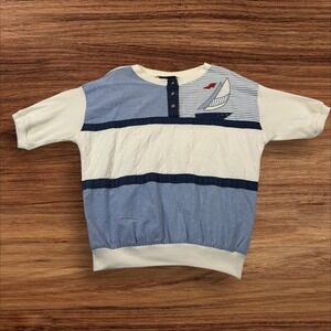 Jordana Nautical Knit Top Striped Boat Applique USA Made Short Sleeve size S‎